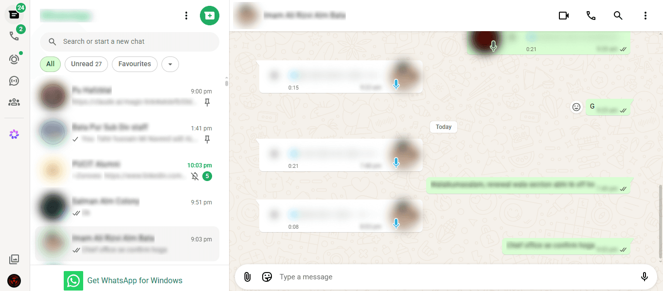WhatsApp Web with sidebar names and a conversation blurred, one chat revealed under the cursor.