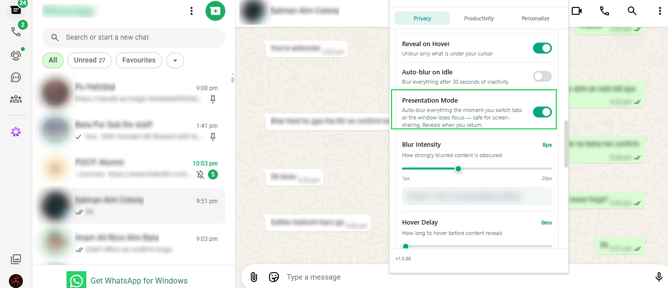 WhatsApp Web fully blurred the moment the window loses focus, ready for screen-sharing.