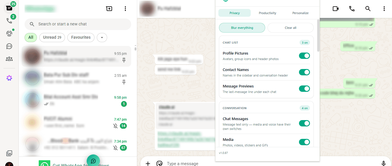 WA WEB ULTRA's Privacy panel open on WhatsApp Web, with contact names and chats blurred.
