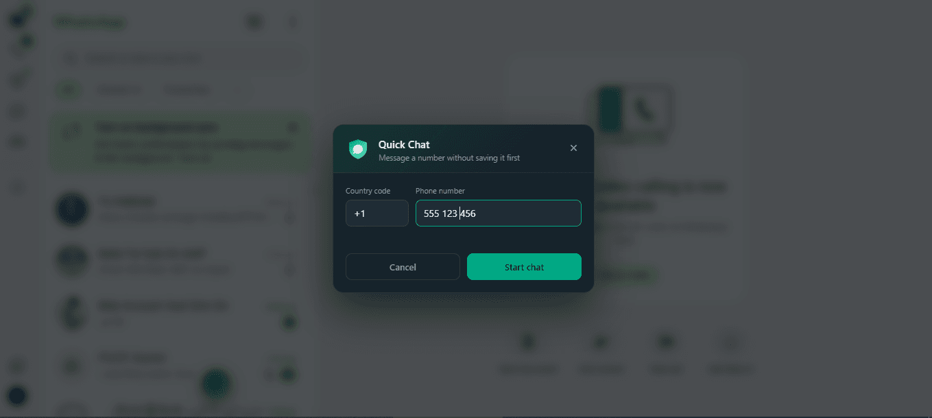 Quick Chat — messaging a phone number without saving it as a contact.